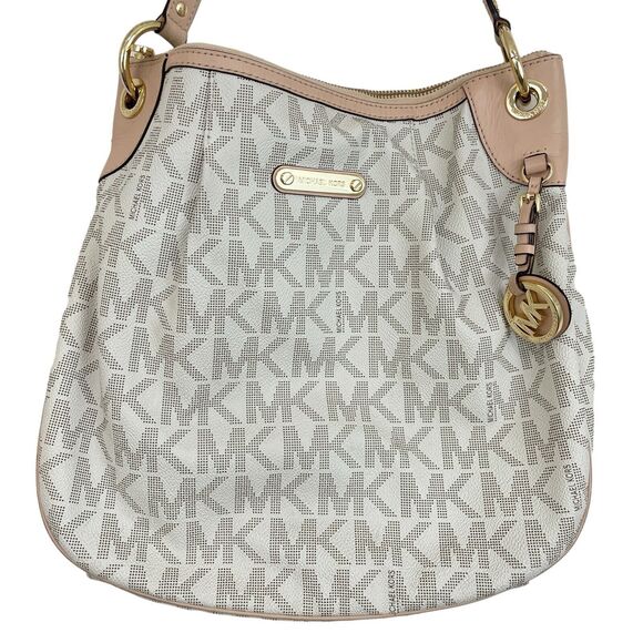Michael Kors Jet Set Monogram Shoulder Bag Pleated White Tan Signature MK Logo - Picture 1 of 13